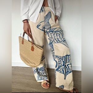 SHEIN Cream and Blue Artistic Wide-Leg Pants